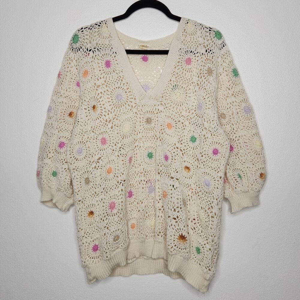 Vintage 80s 90s Flair Granny Square Sweater Cotton XL Cottagecore Grandma